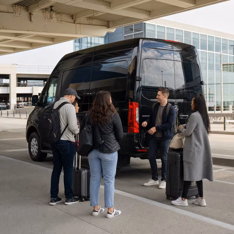 Group boarding a white charter bus for Airport Transportation transportation in Omaha