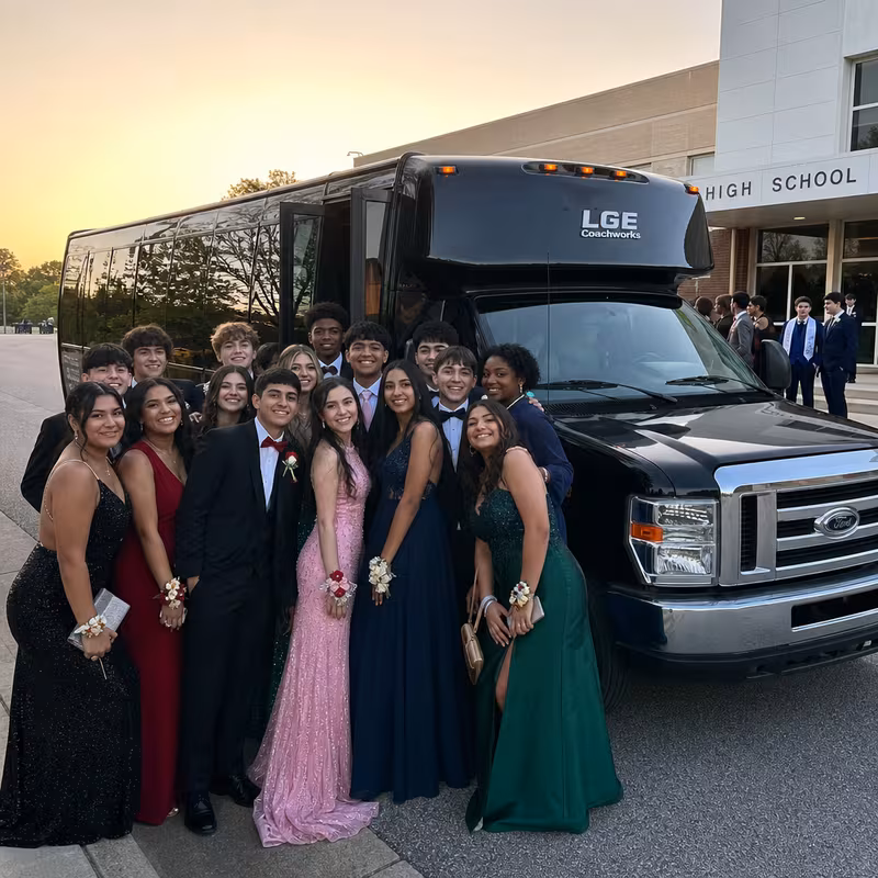 Group boarding a white charter bus for Prom & Homecoming Transportation transportation in Omaha