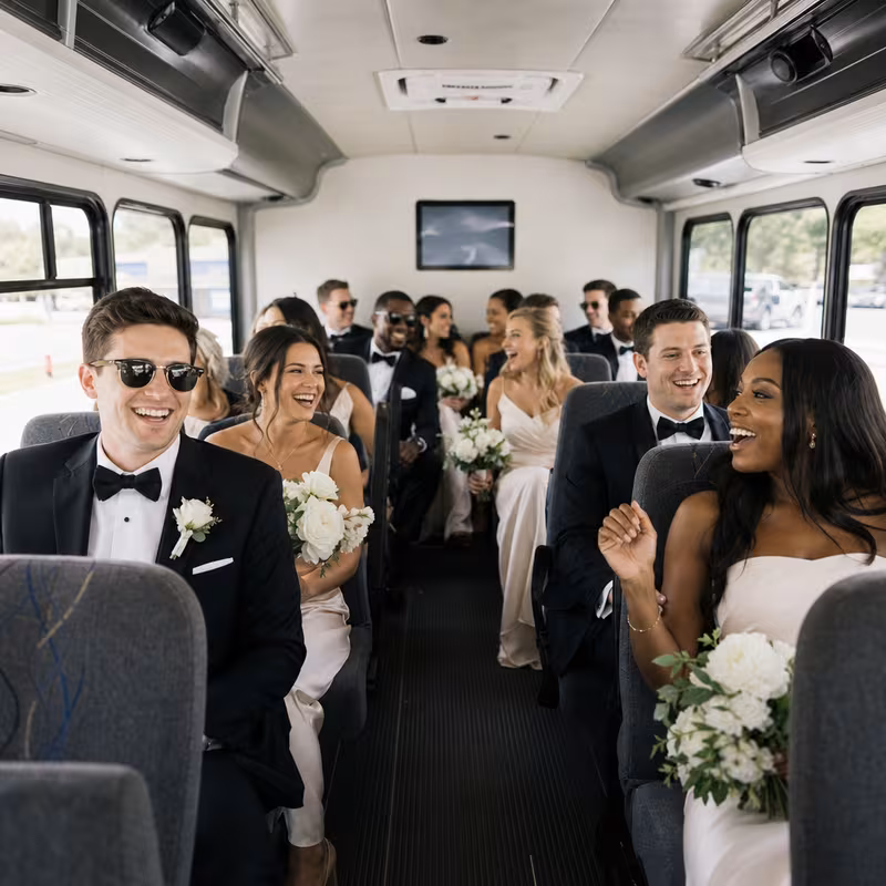 Group boarding a white charter bus for Wedding Transportation transportation in Omaha